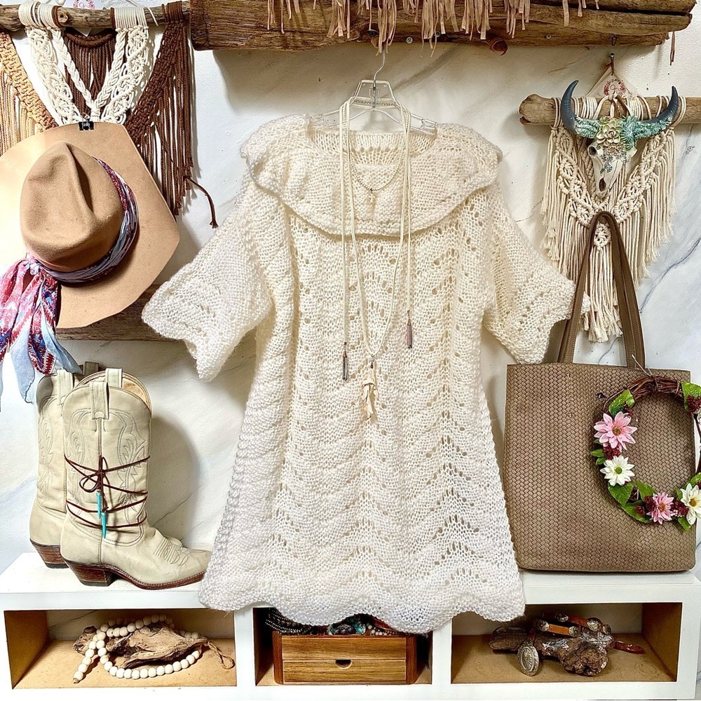 Artisan knit boho tunic w cottagecore cabincore granny vibe